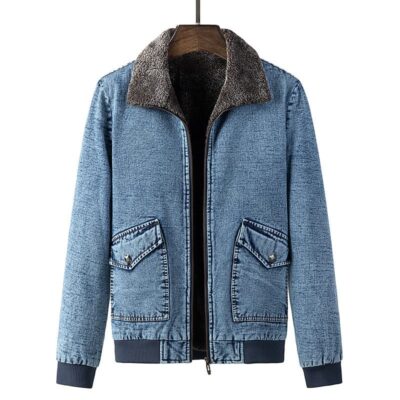 Lightweight Fur‑Collar Denim Cargo Jacket for Men – Warm, Loose Fit, 0.74 kg, Available in Black, Blue & Gray – Shopdecimals