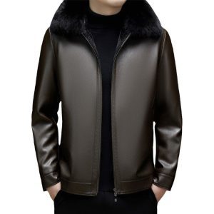 Warm‑Up Your Business Look: Men’s PU Leather Coat with Oversized 8‑Inch Fur Collar – Mid‑Thigh Length, Wool Lining – Shopdecimals