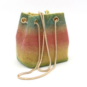 Featherlight 0.19 kg Net Red Rainbow Bucket Bag – Spacious 170×145×60 mm Tote with Diamond Rhinestone Shine – Shopdecimals
