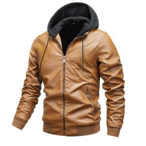 Lightweight 1.14 kg Stand‑Collar PU Leather Jacket for Men – Warm Winter Style in Black or Khaki – Shopdecimals