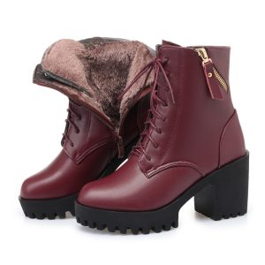 Lightweight Genuine Leather High‑Heel Ankle Boots with Thick Square Heel, Warm Wool Lining & Waterproof Platform – Shopdecimals Women’s Fashion