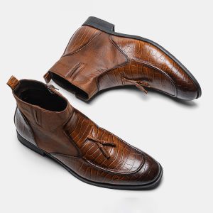 All‑Day Comfort Brown Business Boots – Light‑Weight (0.86 kg) PU Leather with Plush Lining, Pointed Toe & Tassel Detail – Shopdecimals