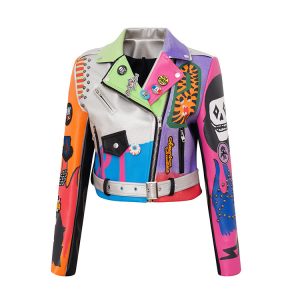 Lightweight Silver Graffiti Leather Jacket for Women – 0.94 kg Protection & Bold Style | Shopdecimals