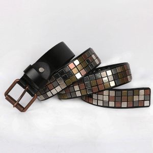 Adjustable 100‑125 cm Top‑Layer Leather Studded Belt – Flat Buckle with 30 mm Square Patch, Black/Brown/Wine Red – Shopdecimals