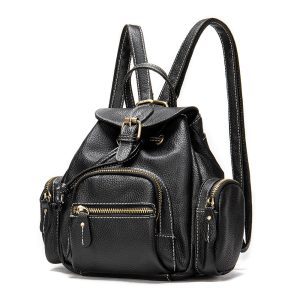 Spacious Retro Leather Backpack – Light 1.2 kg, 18.5×10×20.5 cm, Premium Black Leather for Women – Shop Decimals Travel Bag