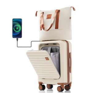 Front‑Opening 20‑in Carry‑On with USB Charger + Expandable Travel Bag – Light 4 kg, 360° Wheels, Waterproof Lining – Shopdecimals