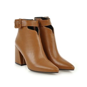 Shopdecimals British Pointed Toe Boots with Side‑Zipper & Belt Buckle – 8 cm Thick Heel for Height‑Boosted Elegance