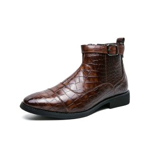 Elevate Your Business Look with Low‑Heel Crocodile‑Pattern Ankle Boots – Pointed Toe, Buckle & Zipper, PU Leather, Black/Brown | Shopdecimals