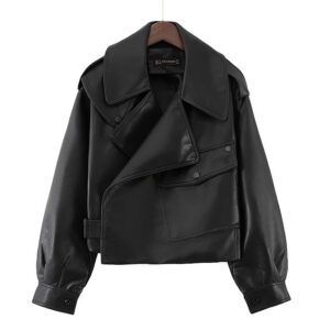 Shopdecimals Women’s Loose‑Cropped PU Leather Motorcycle Jacket – Ultra‑Light 0.87 kg for Free‑Moving Ride, Available in Black, Red & White