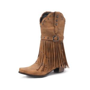 Shopdecimals Women’s Mid‑Calf Western Boots with Rivet Buckle – Secure Fit, Warm Tassel Detail, Chunky Heel for Autumn & Winter Comfort