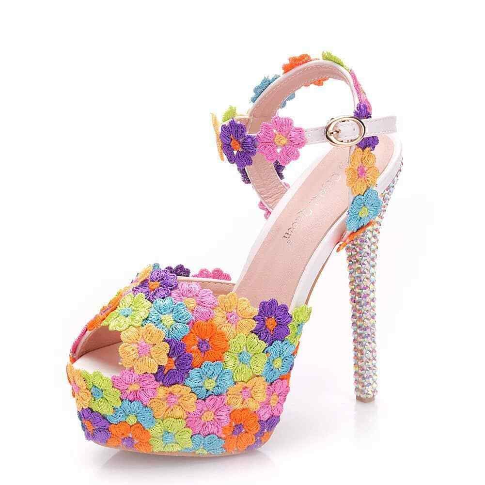 14cm Foreign Trade Fish Mouth High-Heeled Sandals, Fine-Heeled Colorful Lace ... | ShopDecimals