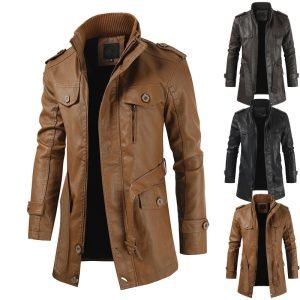 Men's Plus Velvet Casual Stand Collar Leather Trench Coat | ShopDecimals
