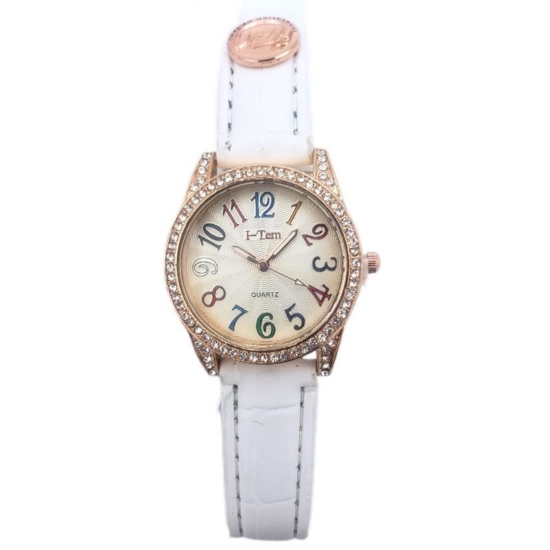 I-Tem Old-School I-TW165 Rhinestone Quart Watch - Stylish Women's Fashion Watch with Italian Leather Strap- I-Tem Innovation by Temi | ShopDecimals - white