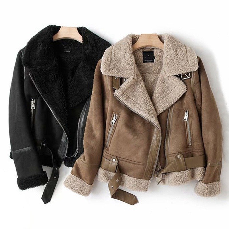 WInter Lapel Jacket Suede Lamb Wool Warm Coat Motorcycle Clothing Women Outwears | ShopDecimals
