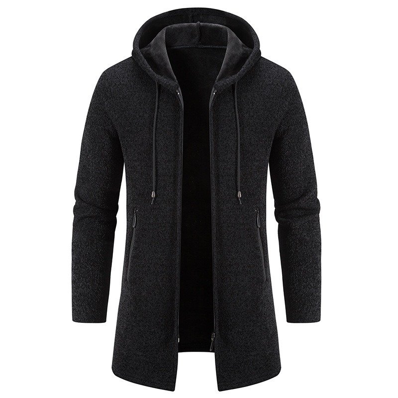 Autumn And Winter Fleece-lined Thickening Trendy Solid Color Men's Cardigan Mid-length Hooded Jacket | ShopDecimals