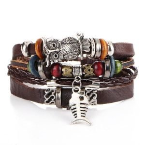 Beaded fish bone owl color stone leather multi-layer bracelet retro punk bracelet | ShopDecimals