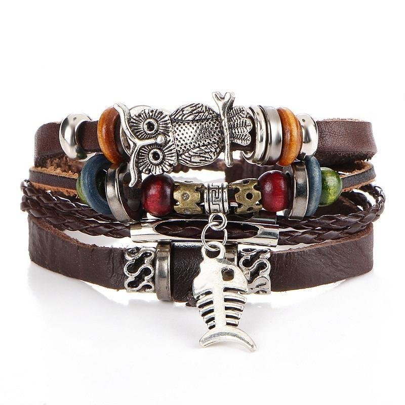 Beaded fish bone owl color stone leather multi-layer bracelet retro punk bracelet | ShopDecimals