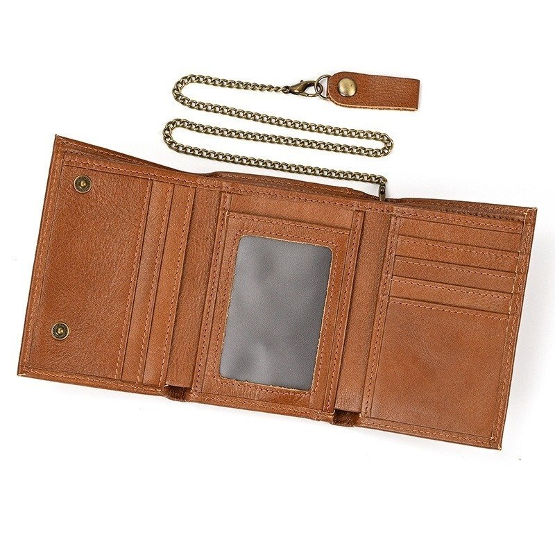 RFID Genuine Leather Small Wallet Men's Three Fold Multiple Card Slots With Iron Chain | ShopDecimals