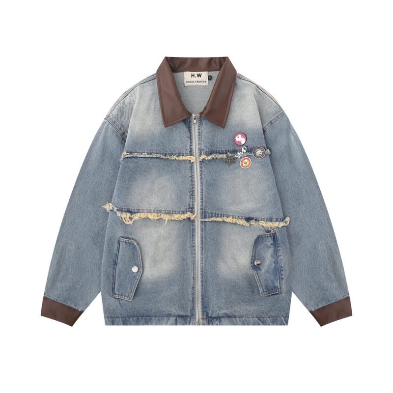 European And American Fashion Loose Contrast Color Lapels Washed And Worn Denim Jacket | ShopDecimals