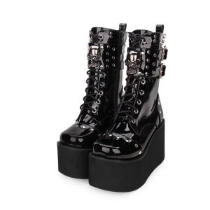Shopdecimals Super‑High Platform Punk Boots – Side Zipper for Quick Slip‑On, Skull Rivet Details Deliver Bold Height & Attitude in Black Patent PU