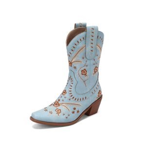 Western Embroidered Denim Retro Square Head High Leg Boot | ShopDecimals