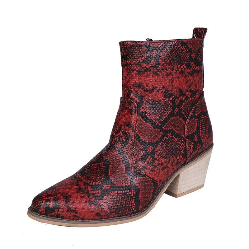 Snake Print Square Toe Thick Heel Sexy Short Boots With Side Zipper | ShopDecimals