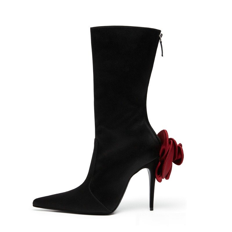European And American Pointed Flower Stiletto Heel Side Zip Short Boots | ShopDecimals