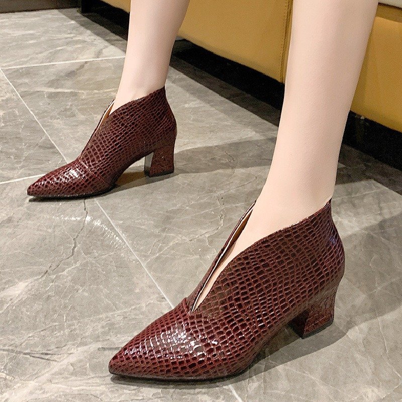 V Cut Women's Fashion Pointed Embossed Chunky Heel Boots | ShopDecimals