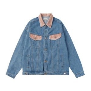 Contrast Color Leather Patchwork Lapel Pocket Denim Clothes Jacket | ShopDecimals