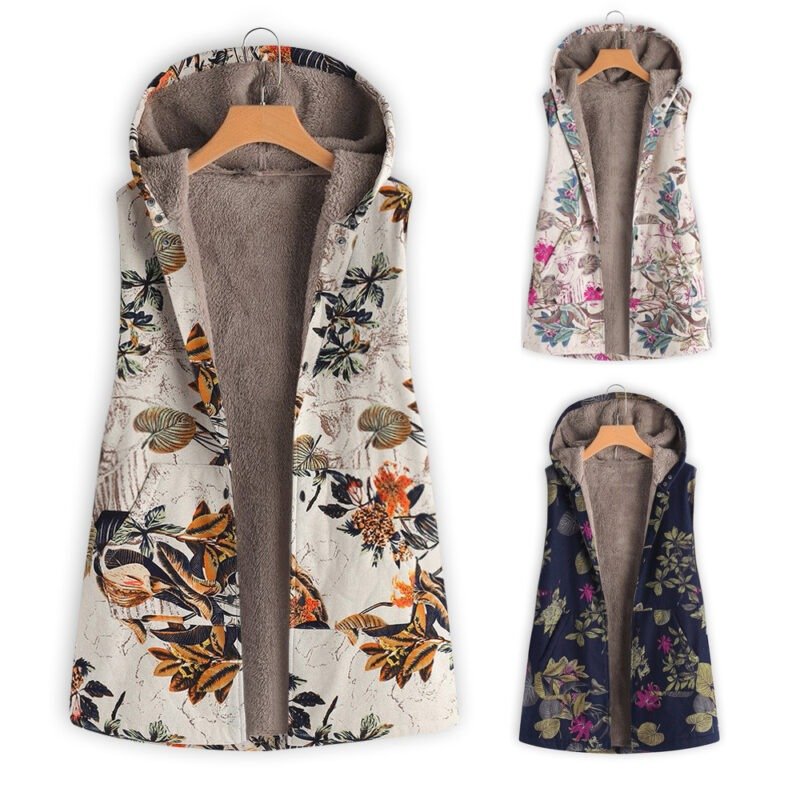 Women's Printed Hooded Sleeveless Top Plush Jacket | ShoPDecimals