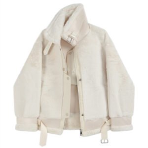 Women's White Stand Collar Motorcycle Cotton Coat | ShopDecimals