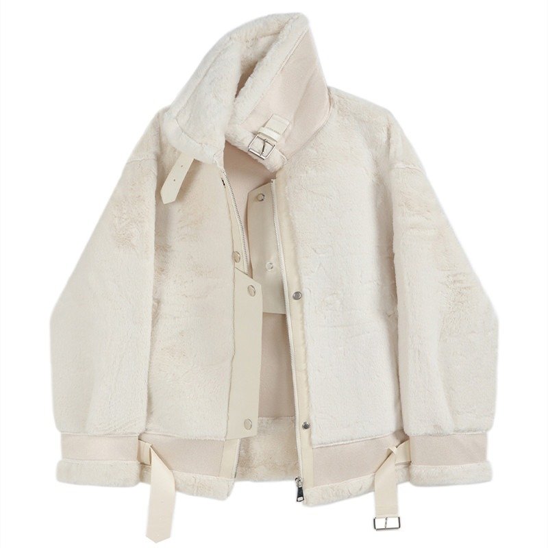 Women's White Stand Collar Motorcycle Cotton Coat | ShopDecimals