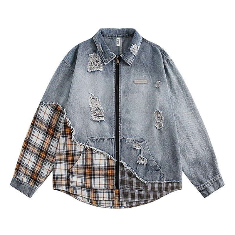 Irregular Stitching Plaid Denim Jacket | ShopDecimals