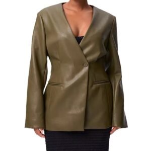 Fashionable Elegant Green V-neck Slim Suit Leather Coat | ShopDecimals