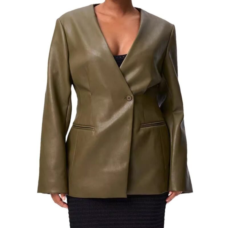 Fashionable Elegant Green V-neck Slim Suit Leather Coat | ShopDecimals