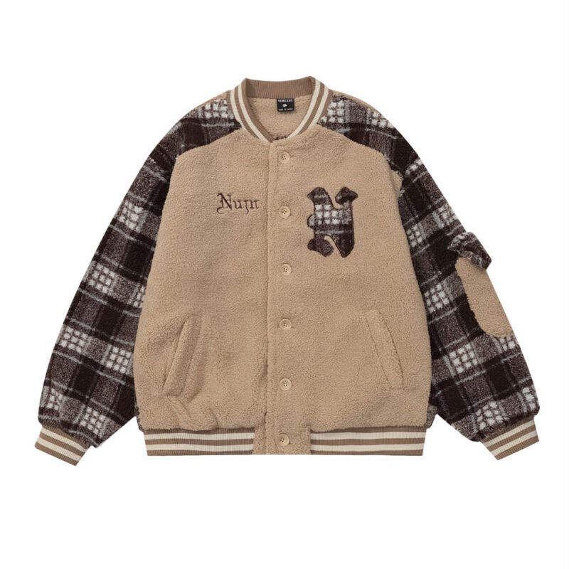 Color Contrast Patchwork Plaid Lamb Wool Coat For Men | ShopDecimals