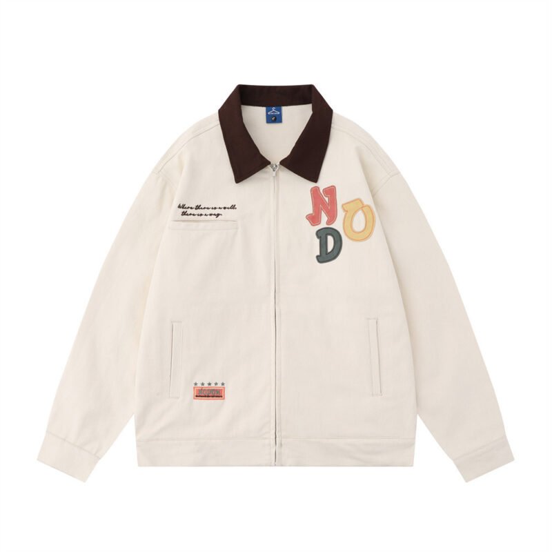 Color Letter Veneer Embroidery Contrast Color Lapel Denim Jacket | ShopDecimals