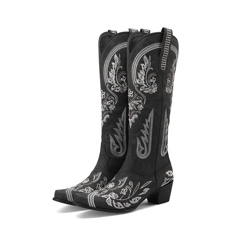 Embroidered Rhinestone Thick High Heel Side Zipper High-top Boots | ShopDecimals