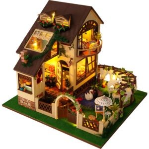Shopdecimals Mini Wooden Dollhouse – 25.5×26.5×22.5 cm DIY Model with LED Lights for Creative Play
