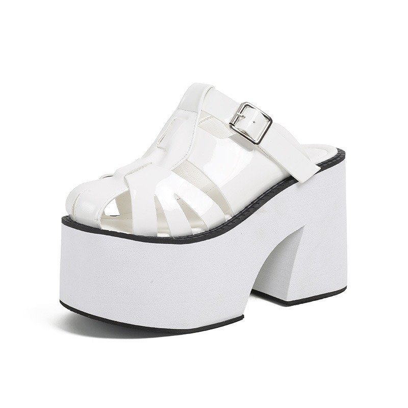 Super High Heel Platform Slippers Patent Leather Hollowed Toe Box Chunky Heel | ShopDecimals