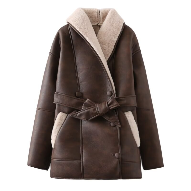 Fashion Cashmere Leather Fur Collar Composite Belt Coat | ShopDecimals