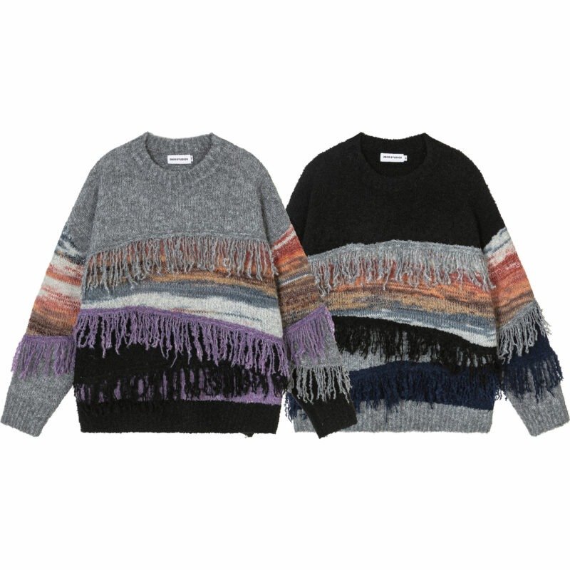Vintage Tassel Color Contrast Patchwork Loose Round Neck Sweater | ShopDecimals