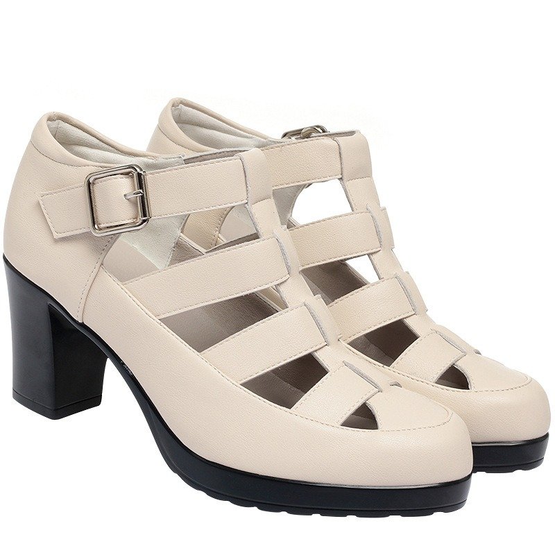 Closed Toe Sandals Summer Chunky Heel Woven Hollowed Ankle-strap Buckle Women's Shoes | ShopDecimals