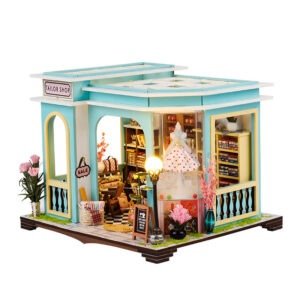 Shopdecimals Miniature Hand‑Crafted Tailor Shop Model – DIY Wooden Cottage with LED Light, Compact 20 cm Build for Creative Play and Fine‑Motor Skill Development