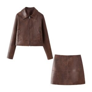 Women's Retro Lapels Long-sleeved Zipper Leather Jacket Skirt | ShopDecimals