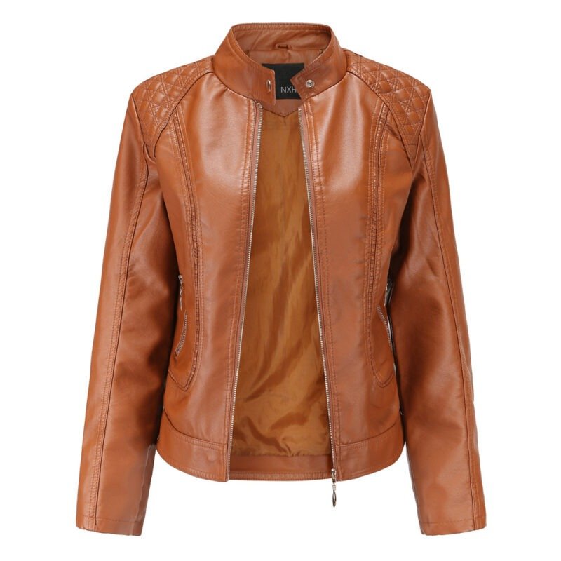 Women's Stand Collar PU Leather Jacket | ShopDecimals