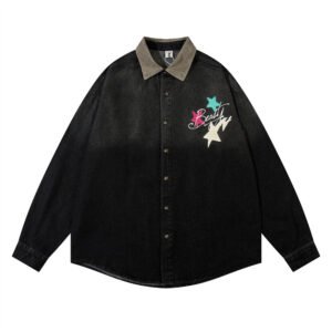 Lightweight Denim Street Shirt with Bold Star Lettering – Ultra‑Comfort 0.62 kg, Dual‑Tone Black/Blue, Sizes M‑XXL – Shopdecimals
