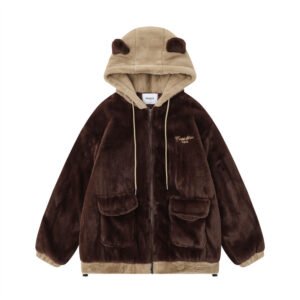 Cute Embroidered Bear Ear Hooded Lamb Plush Coat | ShopDecimals