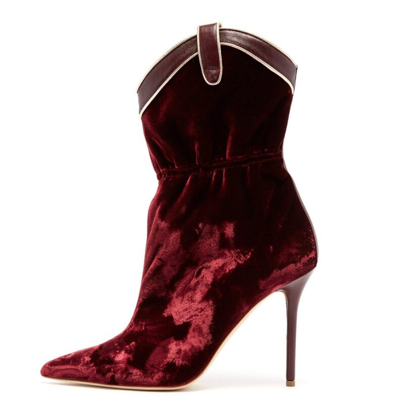 Wine Red Velvet Pointed Toe High Heel Short Ankle | ShopDecimals