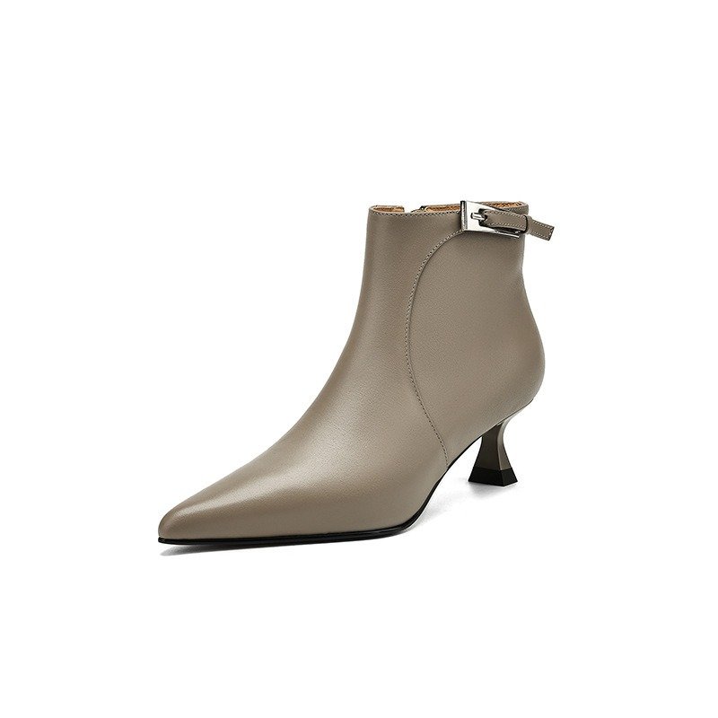 Women's Stylish Leather Pointed-Toe High-Heel Ankle Boots With Buckle Strap And Side Zipper | ShopDecimals